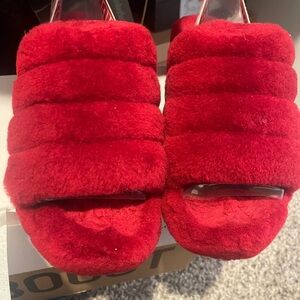 Ugg Red Fluffy Slide Sandals